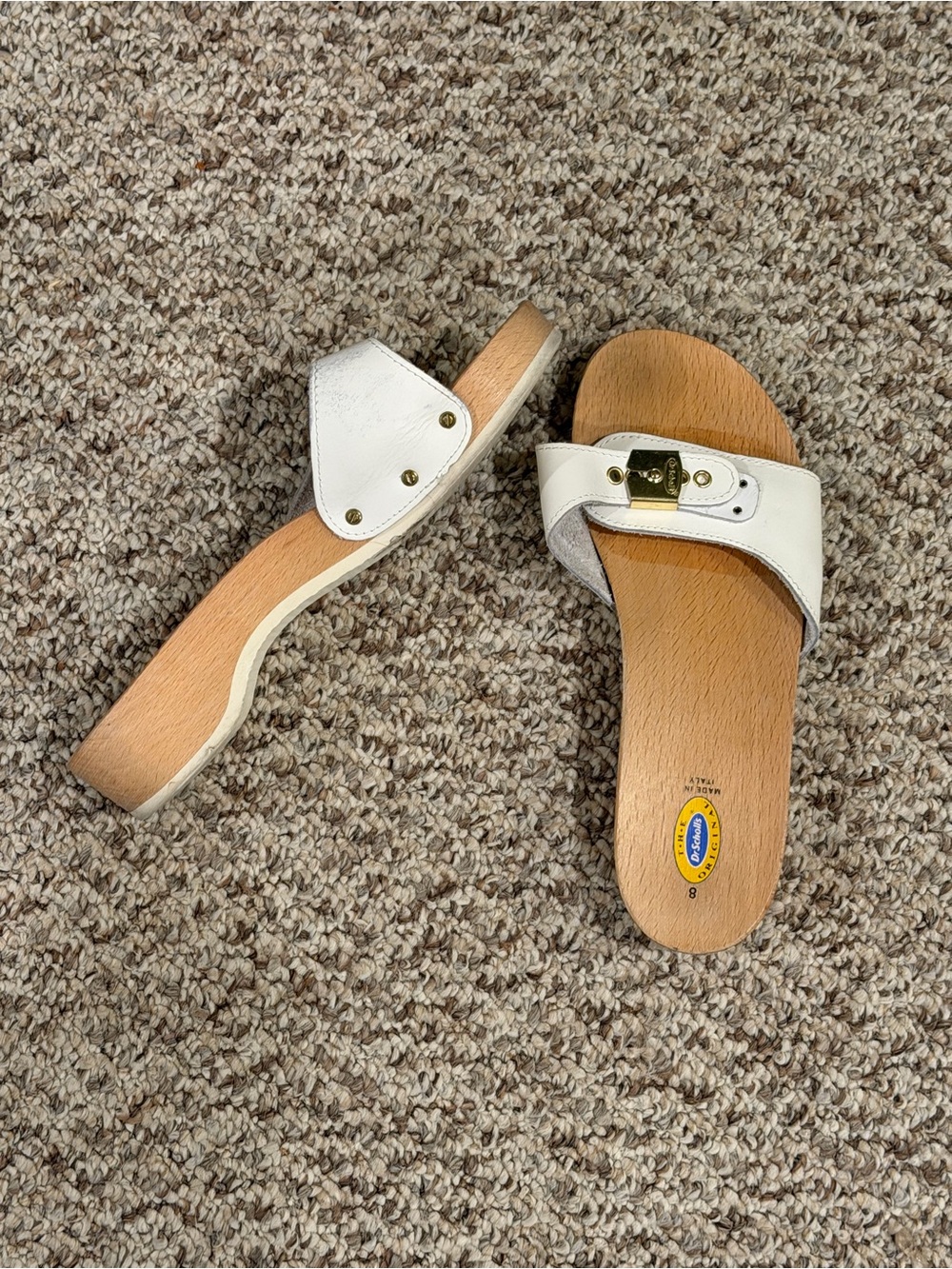 Dr. Scholl's White Slide Sandals with Gold Buckle